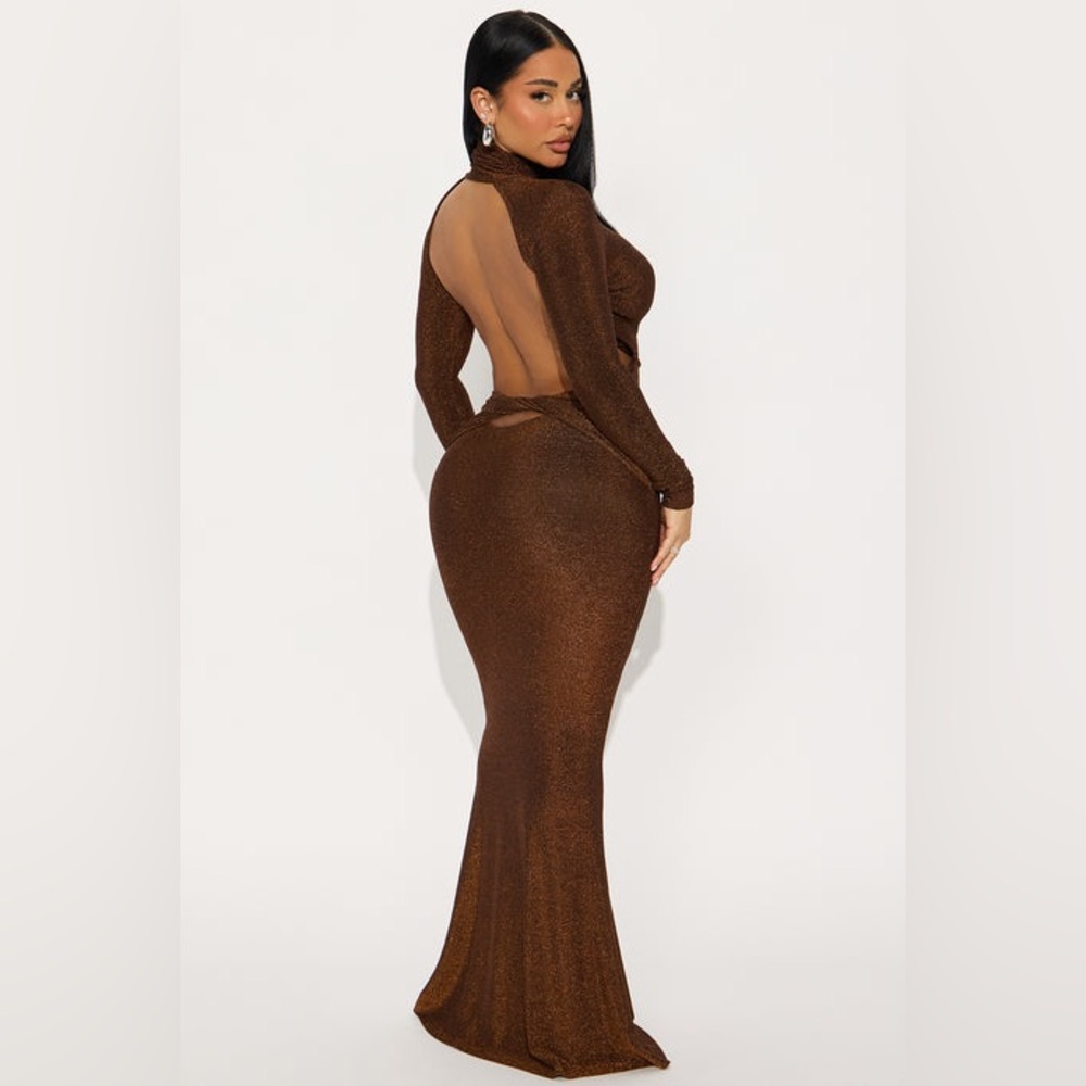 Fashion Nova Shimmering Bronze Long Sleeve Dress Need Drama Backless Gown M NWT